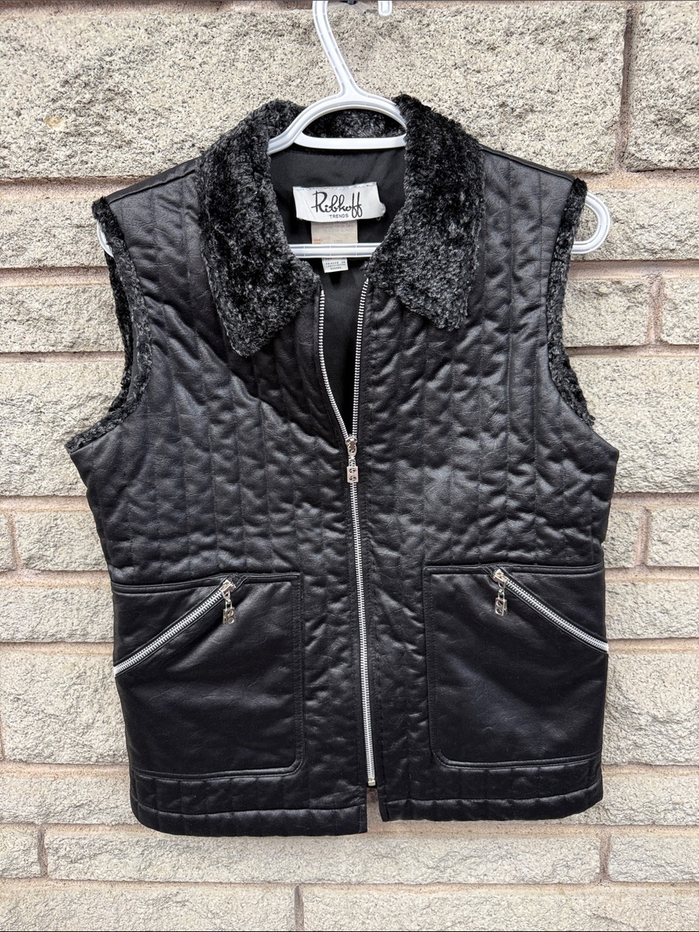Joseph Ribkoff Black Quilted Faux-Leather Vest with Sherpa Collar